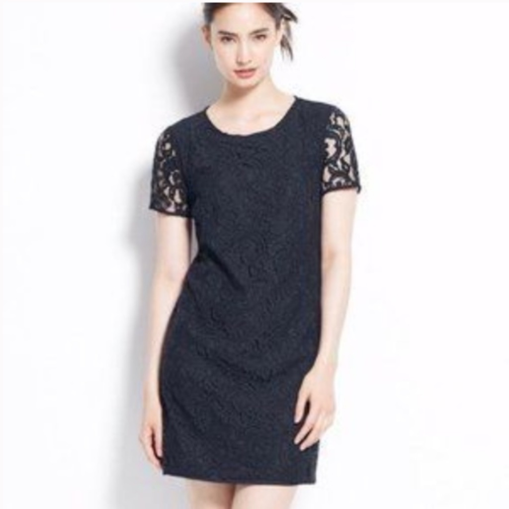 Ann Taylor Dark Navy Blue Lace Shift Dress Career Wedding Guest Cap Sleeve 12